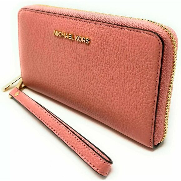 S Michael Kors Jet Set Travel Phone Case Wallet Wristlet Rose Leather / Gold FS - Picture 1 of 11
